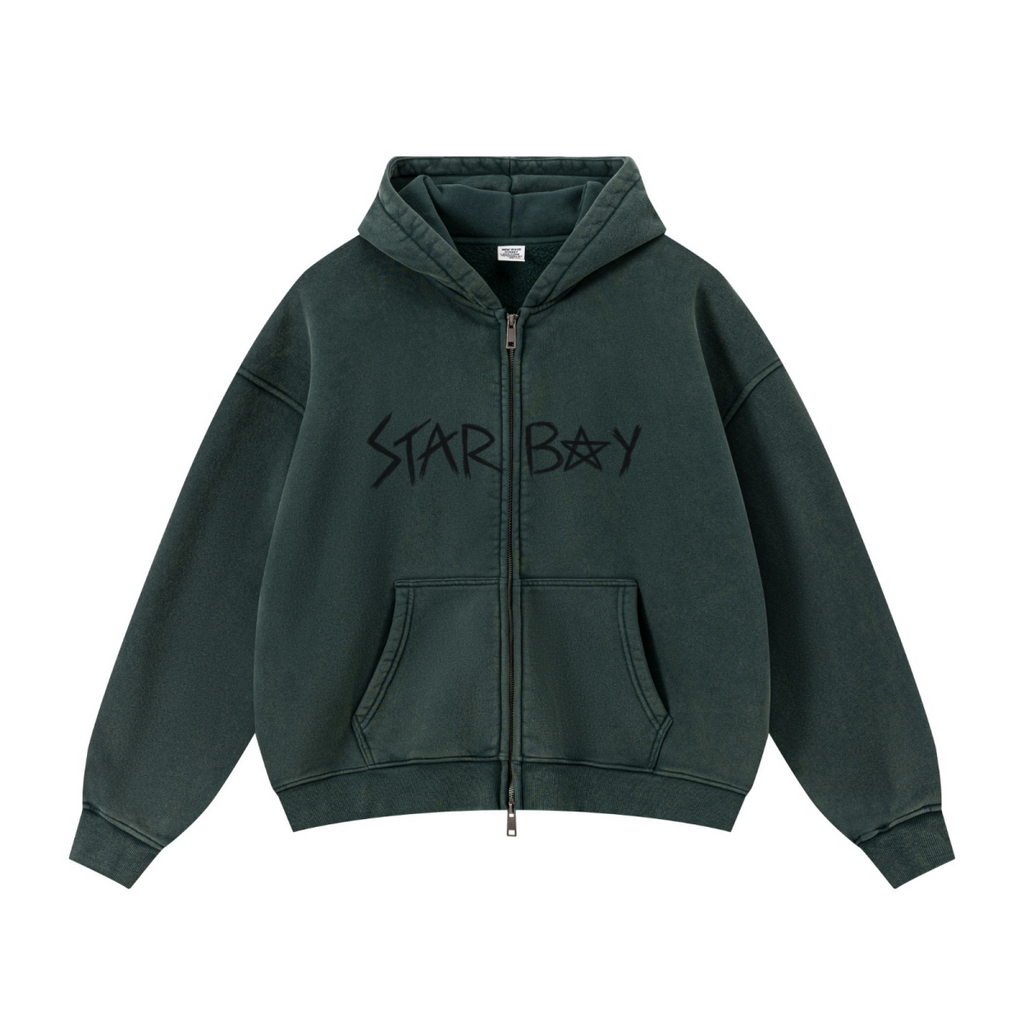 400GSM Unisex Vintage-Wash Boxy-Fit Zip-Up Hoodie Vintage Moss Green