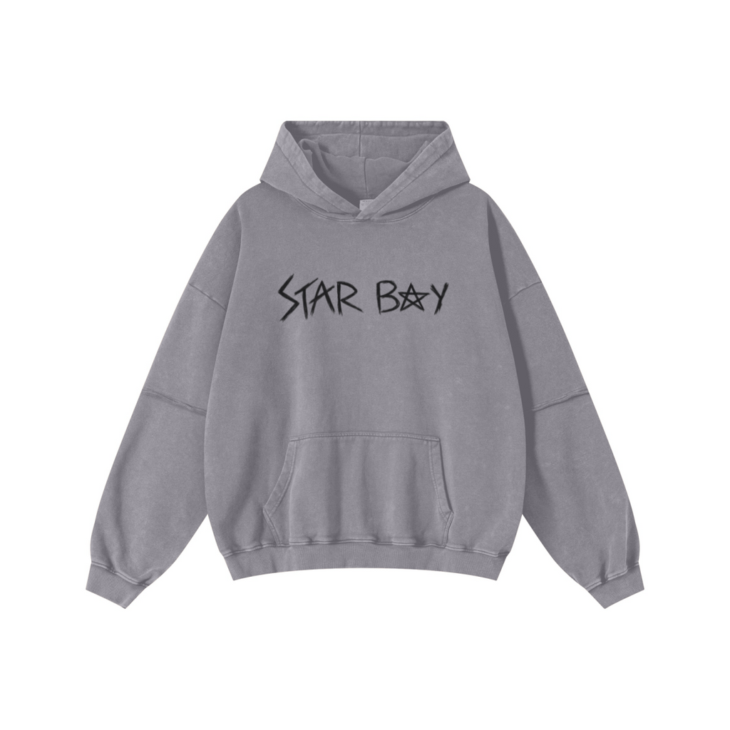 370GSM Men’s Faux-Two-Piece Distressed Snow-Wash French Terry Hoodie Medium Grey