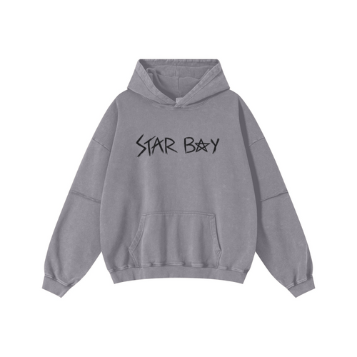 370GSM Men’s Faux-Two-Piece Distressed Snow-Wash French Terry Hoodie Medium Grey